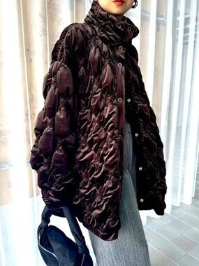 NWT Ameri Japan Oversized Velour Quilted Stand Collar Puffer Coat M Dark Brown